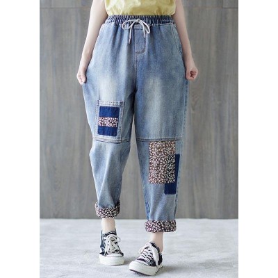Beautiful Blue patchwork Pockets Cotton Pants Summer