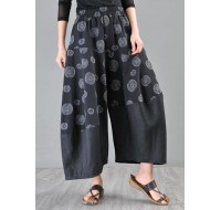 Stylish Black Print asymmetrical design Cotton Linen Wide Leg Pants Summer